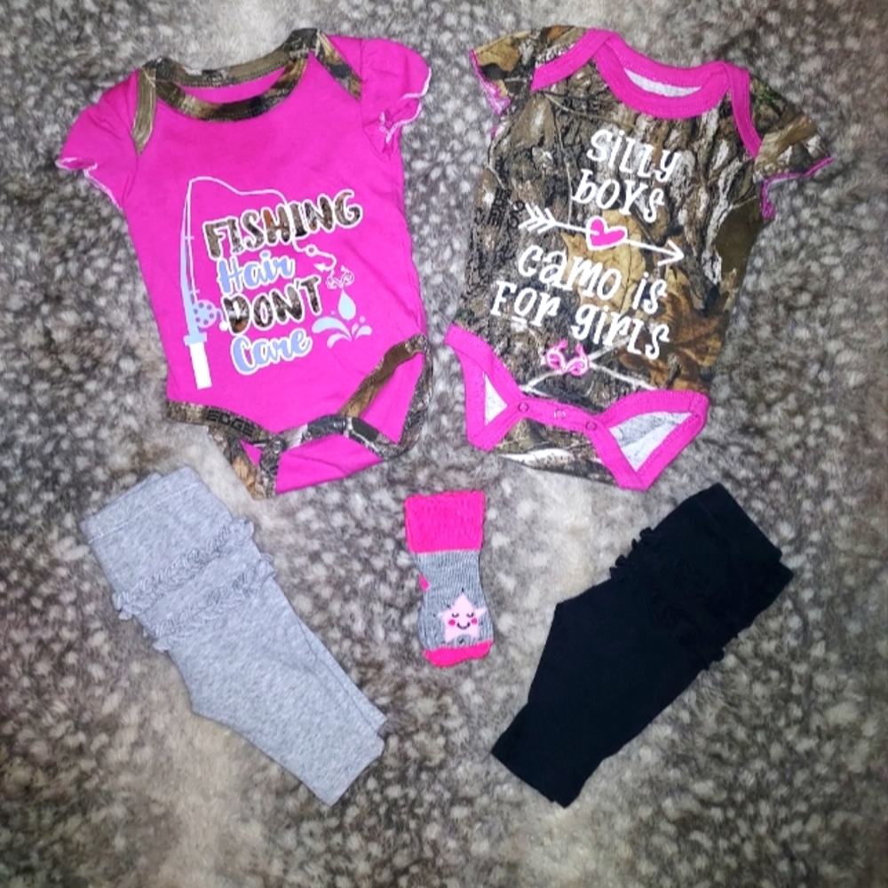 2 NWOT RealTree onesies. 2 pack Carters pants. 1 pair of socks.